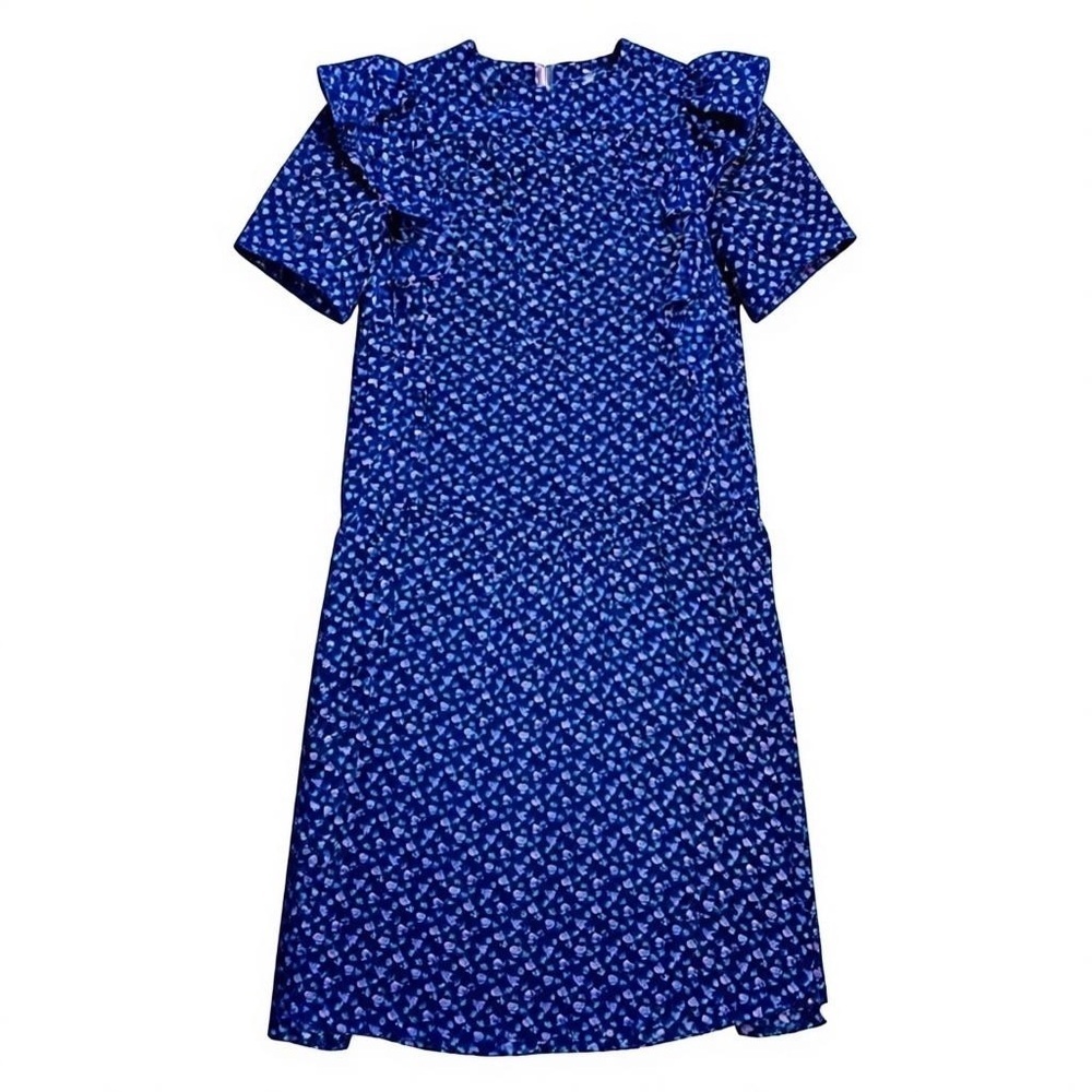 VINTAGE CHARLEE ALLISON NAVY BLUE & PINK FLOWER RUFFLE SLEEVE PLEATED DRESS, 5/6